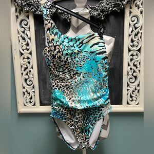 Perry Ellis Turquoise and Black Animal Print One Piece Swimsuit